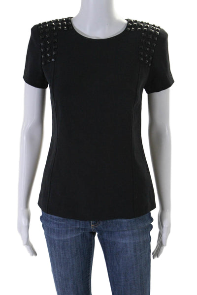 Skaist Taylor Womens Geometric Studded Short Sleeve Zipped Blouse Black Size 4