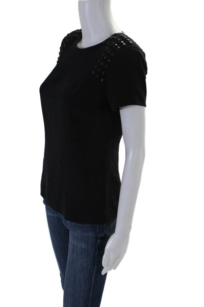 Skaist Taylor Womens Geometric Studded Short Sleeve Zipped Blouse Black Size 4