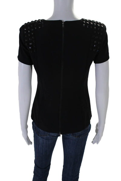 Skaist Taylor Womens Geometric Studded Short Sleeve Zipped Blouse Black Size 4