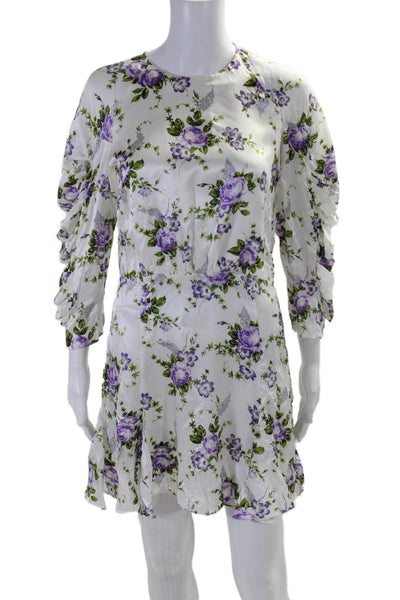 Les Reveries Womens Floral Print Fit To Flare Dress Silk White Size Small