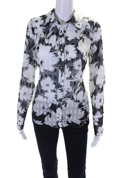 Milly Womens Floral Print Long Sleeves Button Down Blouse Black White Size Petit