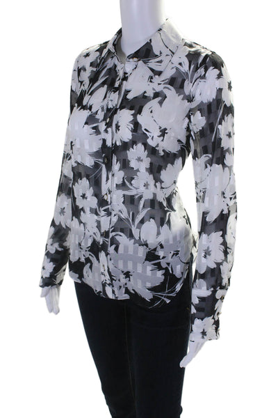 Milly Womens Floral Print Long Sleeves Button Down Blouse Black White Size Petit