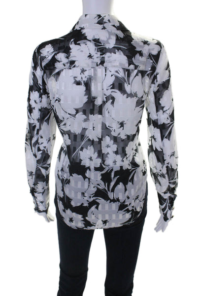 Milly Womens Floral Print Long Sleeves Button Down Blouse Black White Size Petit