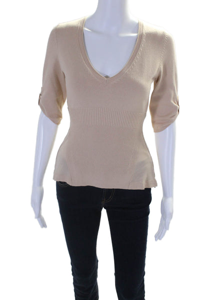 Karen Millen Womens Ribbed 3/4 Sleeves V Neck Sweater Beige Cotton Size 2