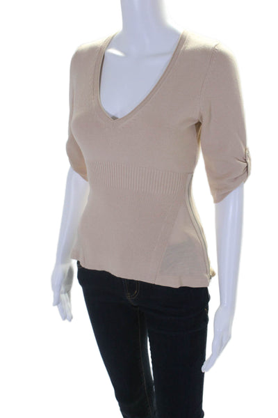 Karen Millen Womens Ribbed 3/4 Sleeves V Neck Sweater Beige Cotton Size 2