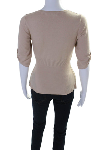 Karen Millen Womens Ribbed 3/4 Sleeves V Neck Sweater Beige Cotton Size 2