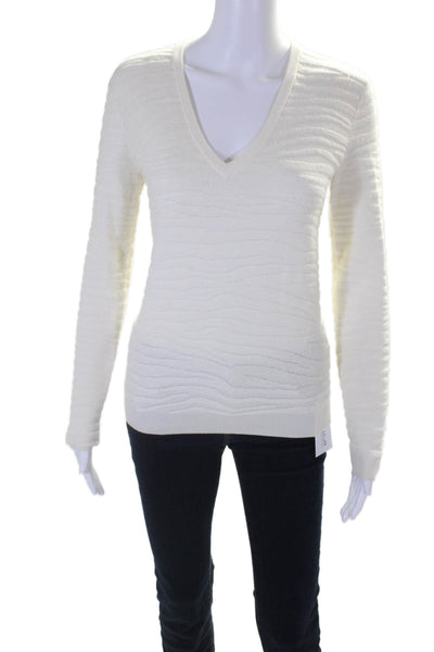 Theory Womens Long Sleeves V Neck Zebra Plush Sweater White Wool Size Petite