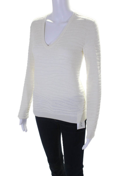 Theory Womens Long Sleeves V Neck Zebra Plush Sweater White Wool Size Petite