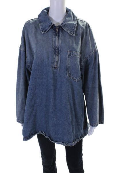 Zara Womens 3/4 Sleeve Half Zip Collared Denim Oversized Top Blue Size Small