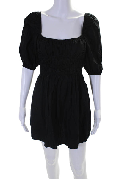 Faithfull The Brand Womens Cotton Black Smocked Short Sleeve Mini Dress Size 2