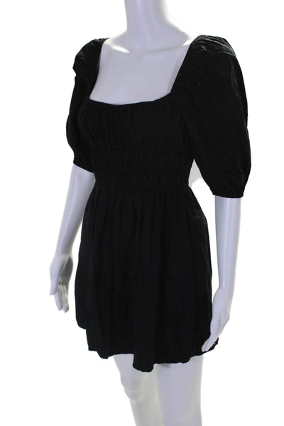 Faithfull The Brand Womens Cotton Black Smocked Short Sleeve Mini Dress Size 2