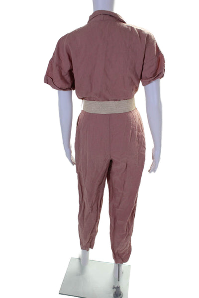 Zara Womens Linen Pink Collar Short Sleeve Belt Tapered Leg Jumpsuit Size XS