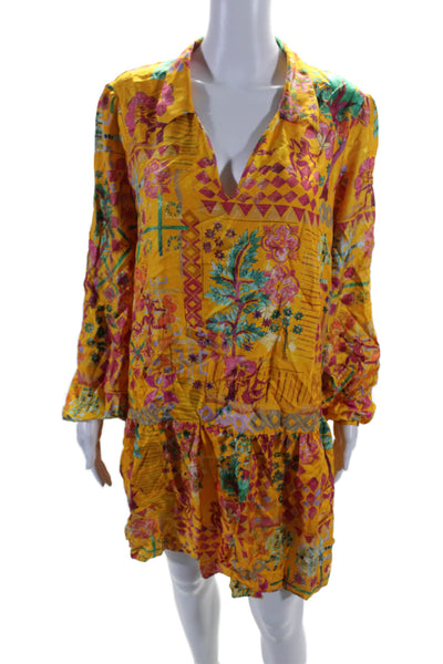 Saloni Womens Silk Long Sleeve Abstract Print V Neck Shift Dress Yellow Size 10