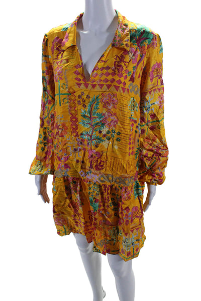 Saloni Womens Silk Long Sleeve Abstract Print V Neck Shift Dress Yellow Size 10