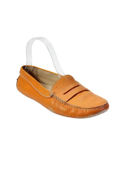 Tods Womens Leather Round Toe Slip On Penny Loafers Flats Orange Size 7.5