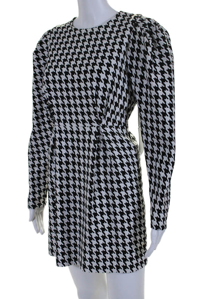 Lini Women's  Long Sleeves Pleated Front Houndstooth Mini Dress Black Size XS