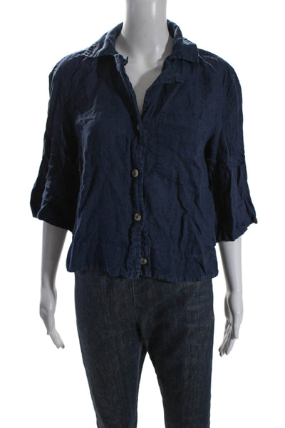 Maeve Anthropologie Womens Linen Button Down Shirt Navy Blue Size Extra Small