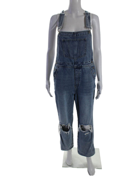 Kan Can Womens Denim Sleeveless Straight Leg Overalls Blue Cotton Size Small