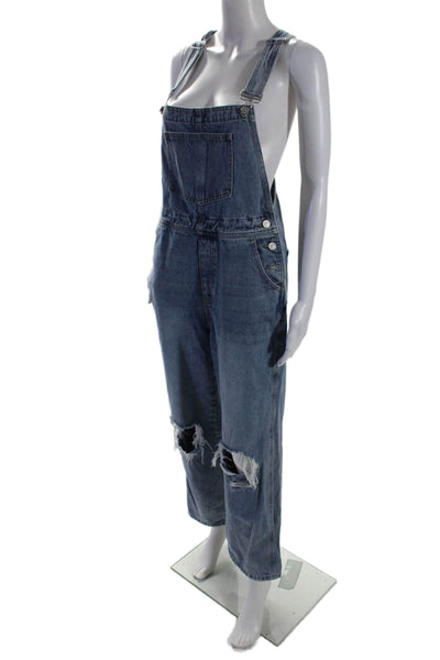 Kan Can Womens Denim Sleeveless Straight Leg Overalls Blue Cotton Size Small