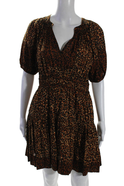 Ulla Johnson Womens Cotton Short Puff Sleeves Animal Print Tier Dress Brown Size