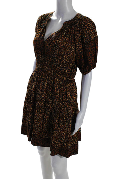 Ulla Johnson Womens Cotton Short Puff Sleeves Animal Print Tier Dress Brown Size