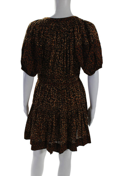 Ulla Johnson Womens Cotton Short Puff Sleeves Animal Print Tier Dress Brown Size