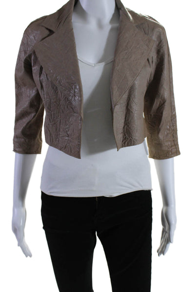 Y Yigal Womens 3/4 Sleeve Open Front Cropped Leather Jacket Brown Size 2