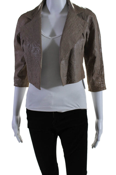 Y Yigal Womens 3/4 Sleeve Open Front Cropped Leather Jacket Brown Size 2