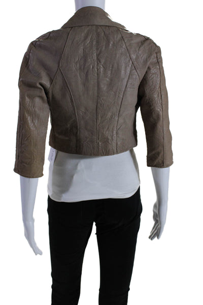 Y Yigal Womens 3/4 Sleeve Open Front Cropped Leather Jacket Brown Size 2