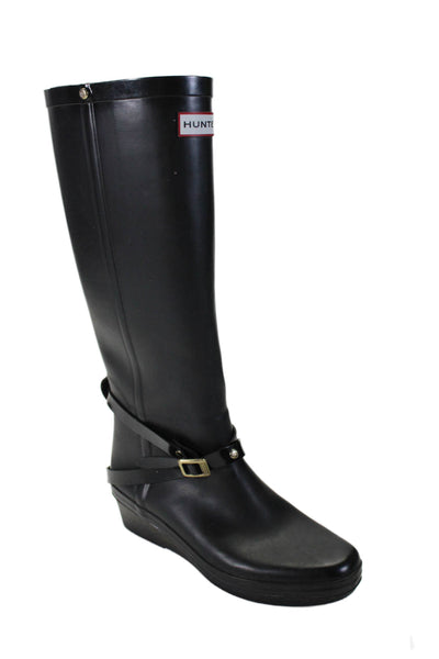 Hunter Womens Knee High Wrap Buckle Wedge Rain Boots Black Size 7