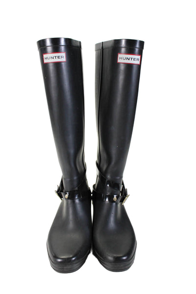 Hunter Womens Knee High Wrap Buckle Wedge Rain Boots Black Size 7