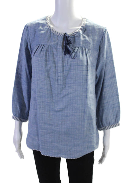 Mngorpt Olpny Women's Round Neck Tassel Long Sleeves Blouse Blue Size L