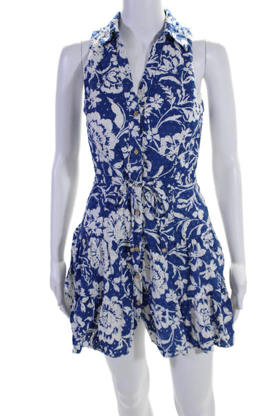 Zara Womens Blue Floral Eyelet Collar Sleeveless Button Front Shift Dress SizeXS