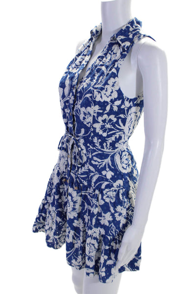 Zara Womens Blue Floral Eyelet Collar Sleeveless Button Front Shift Dress SizeXS