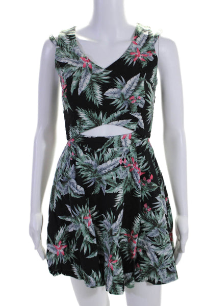 J.O.A. Womens Linen Black Green Floral Cut Out Sleeveless Mini Dress Size XS