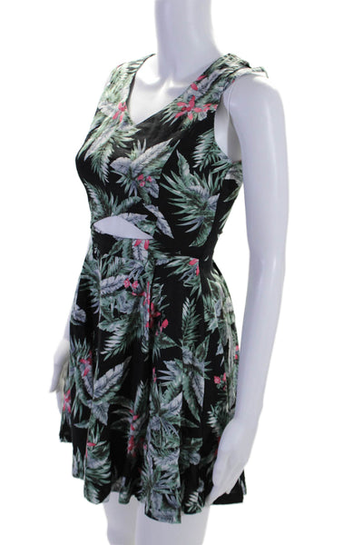 J.O.A. Womens Linen Black Green Floral Cut Out Sleeveless Mini Dress Size XS