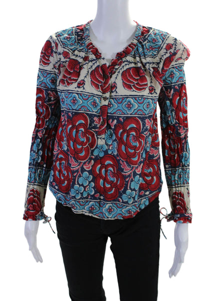 Warm Womens Cotton Red Blue Floral V-neck Long Sleeve Blouse Top Size 0