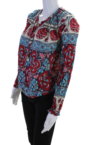 Warm Womens Cotton Red Blue Floral V-neck Long Sleeve Blouse Top Size 0