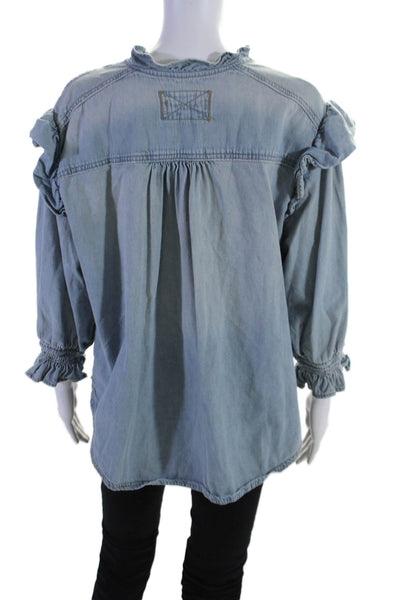 We The Free Womens Cotton Blue Ruffle Crew Neck Long Sleeve Blouse Top Size M