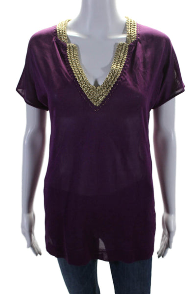 Alberta Ferretti Womens Purple Gold Woven V-Neck Short Sleeve Blouse Top Size S