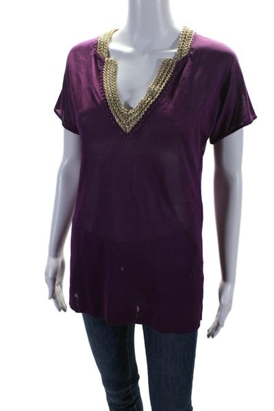 Alberta Ferretti Womens Purple Gold Woven V-Neck Short Sleeve Blouse Top Size S