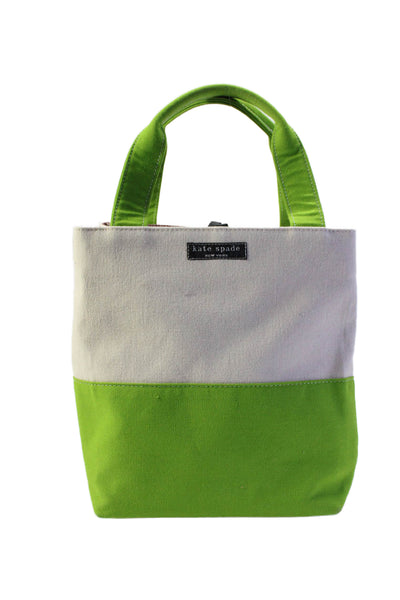 Kate Spade New York Canvas Colorblock Print Bucket Tote Handbag Beige Lime Green