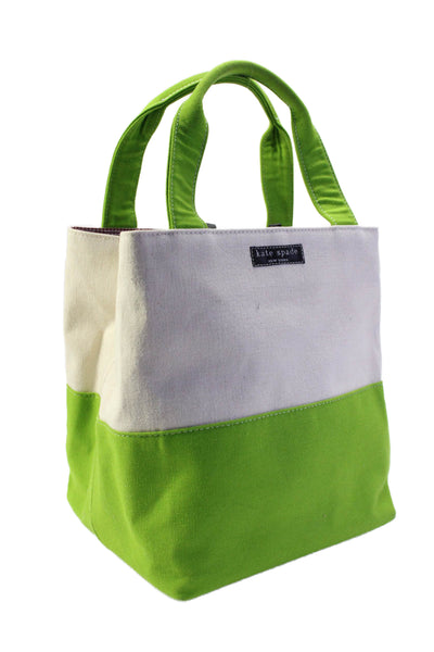 Kate Spade New York Canvas Colorblock Print Bucket Tote Handbag Beige Lime Green