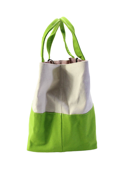 Kate Spade New York Canvas Colorblock Print Bucket Tote Handbag Beige Lime Green