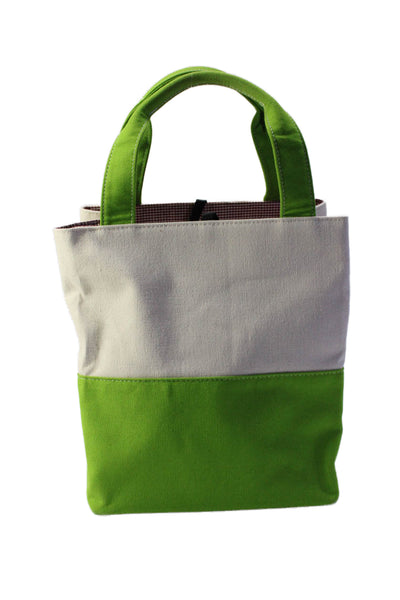 Kate Spade New York Canvas Colorblock Print Bucket Tote Handbag Beige Lime Green