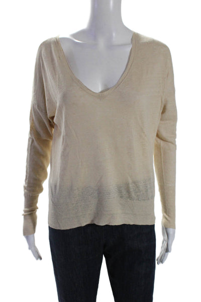 Nili Lotan Womens Linen Knit Rib V-neck Long Sleeve Basic Top Beige Size XS