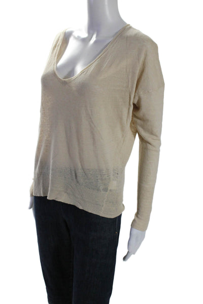 Nili Lotan Womens Linen Knit Rib V-neck Long Sleeve Basic Top Beige Size XS