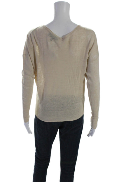 Nili Lotan Womens Linen Knit Rib V-neck Long Sleeve Basic Top Beige Size XS