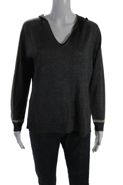 Luisa Cerano Womens Metallic Knit Long Sleeve V-Neck Hooded Top Dark Gray Size 8