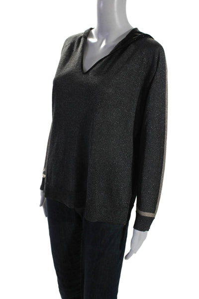 Luisa Cerano Womens Metallic Knit Long Sleeve V-Neck Hooded Top Dark Gray Size 8